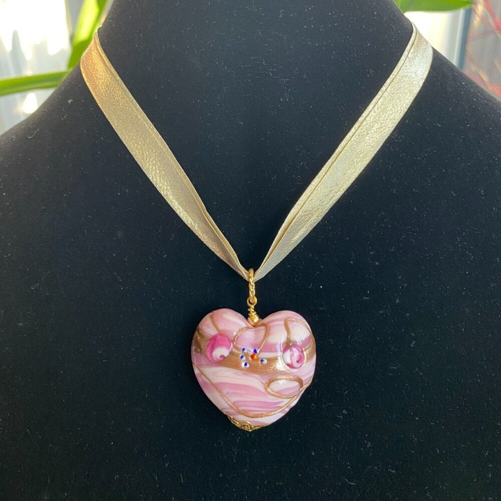 Beautiful Intricate Glass Heart Pendant Necklace