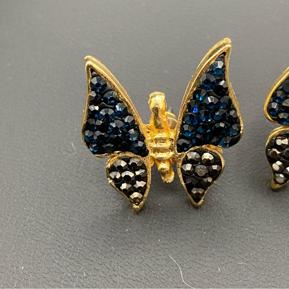Pave Black and Gunmetal Grey Butterfly Pierced Gold Earrings