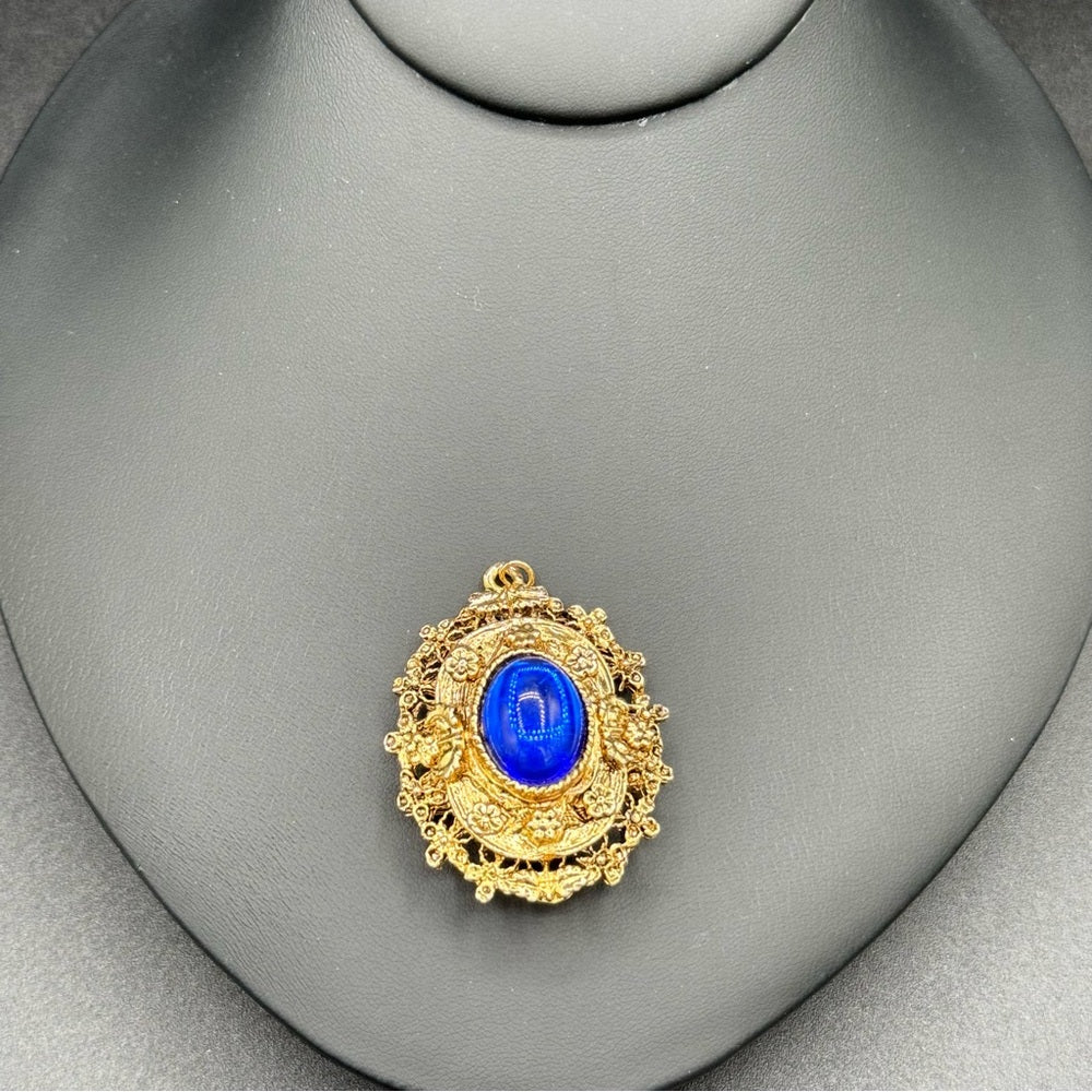 Victorian Revival Ornate Brooch with Royal Blue Cabochon Centre
