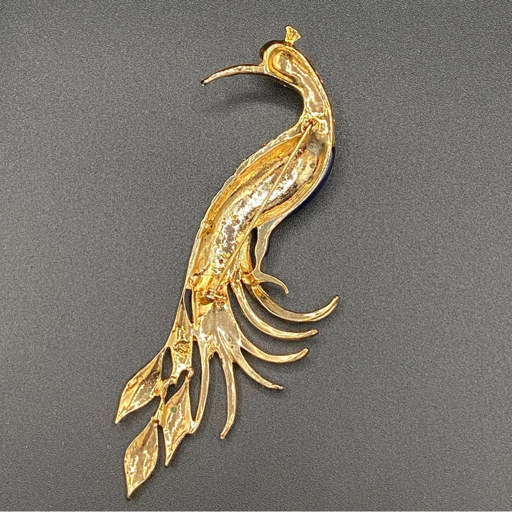 Colorful Bird Brooch In Blue, Red, Green Enamel and Sparkly Rhinestones in Gold