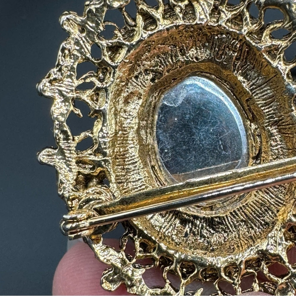Victorian Revival Ornate Brooch with Royal Blue Cabochon Centre
