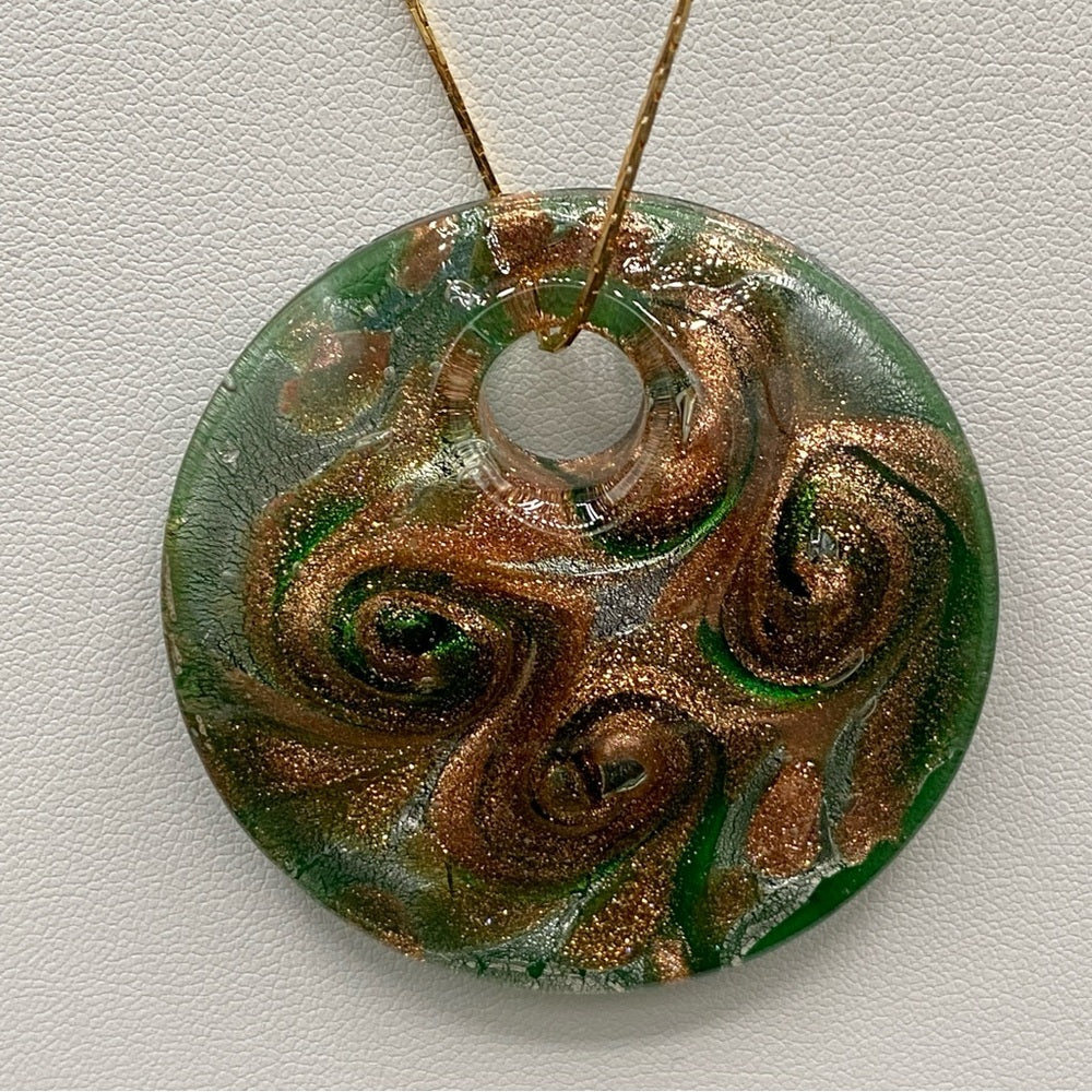Exquisite Murano Glass Pendant and Earring Set in Green and Gold Swirl