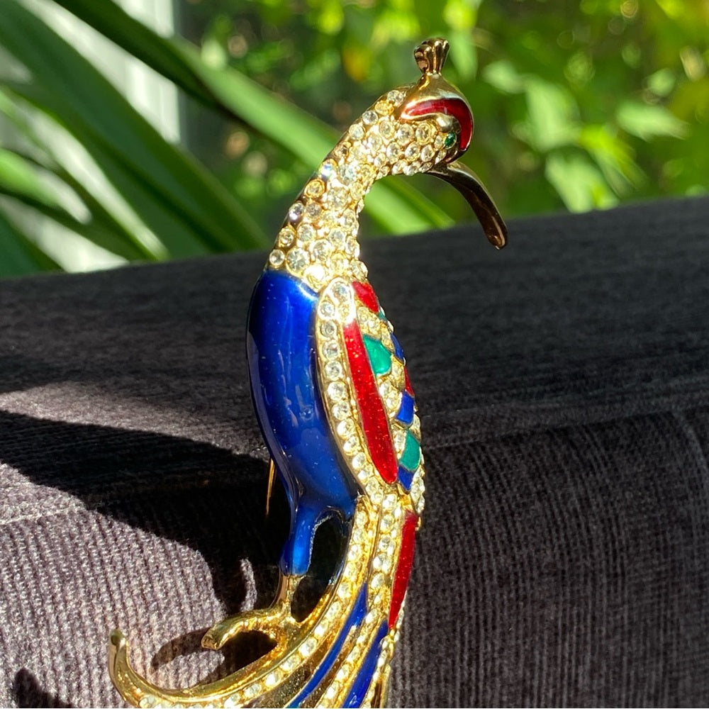 Colorful Bird Brooch In Blue, Red, Green Enamel and Sparkly Rhinestones in Gold