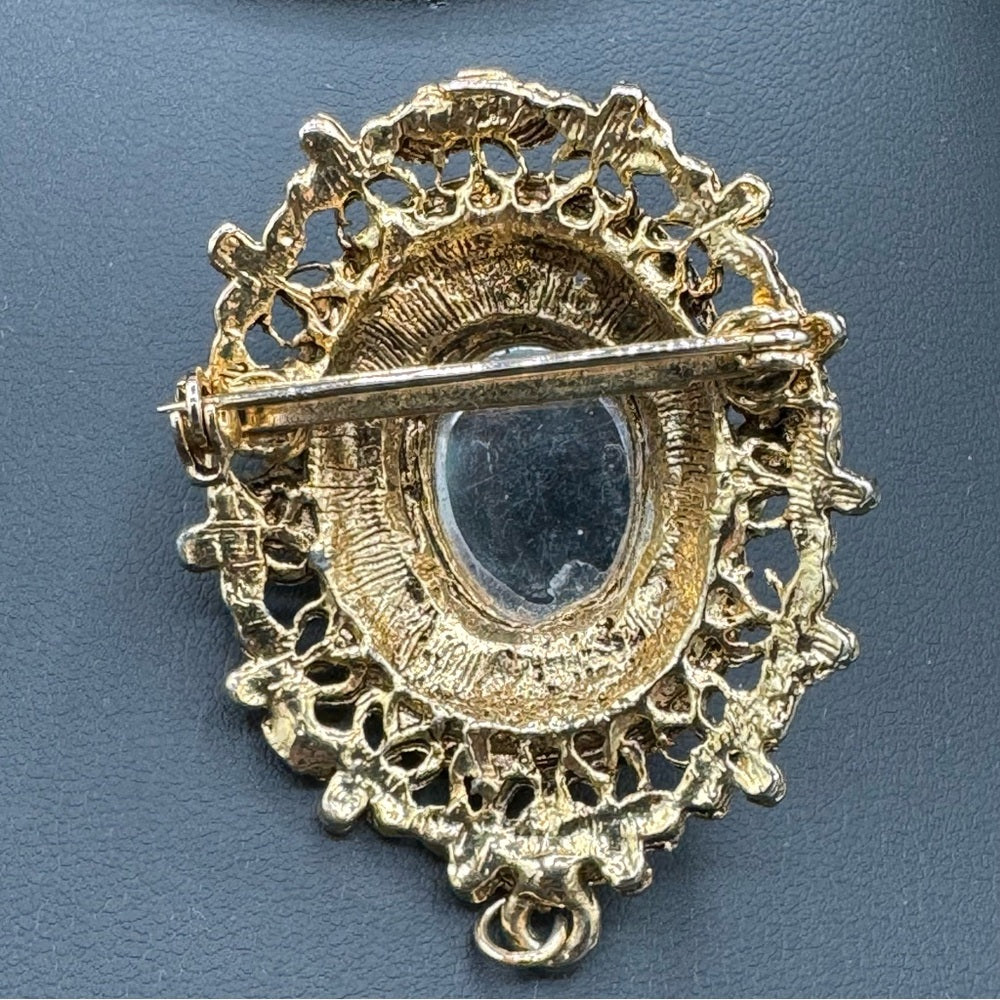 Victorian Revival Ornate Brooch with Royal Blue Cabochon Centre