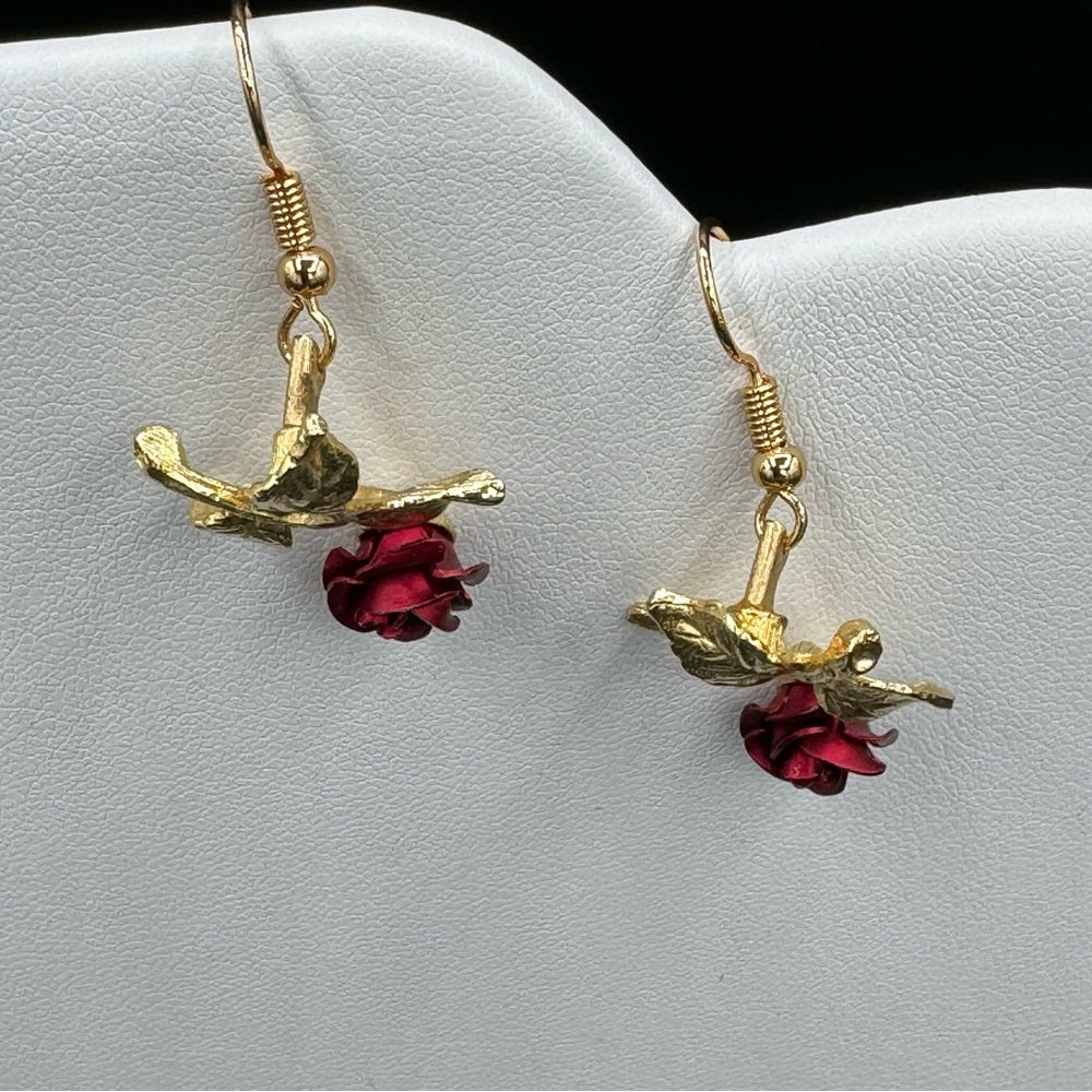 Vintage Red Rose Gold Tone Hook Earrings