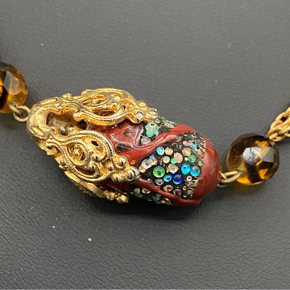 Vintage Textured Glass Bead Flapper Necklace with Gold Tone Filigree Details