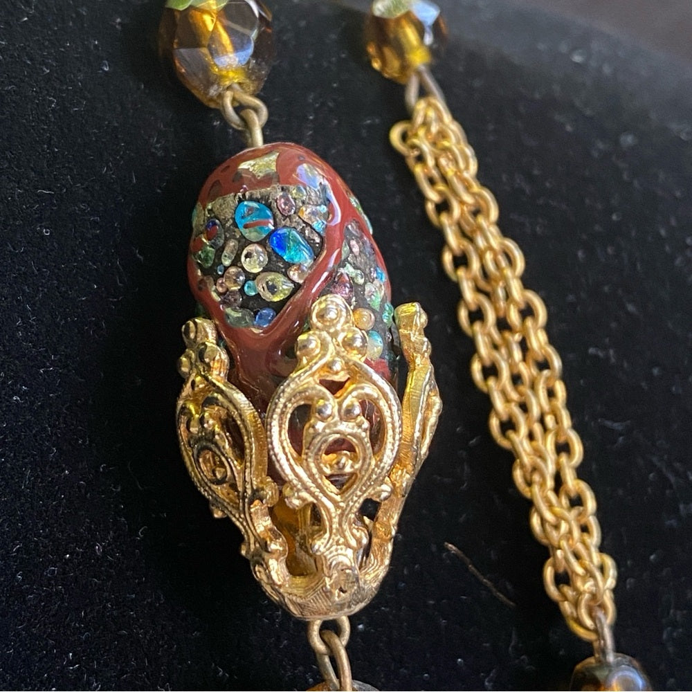 Vintage Textured Glass Bead Flapper Necklace with Gold Tone Filigree Details