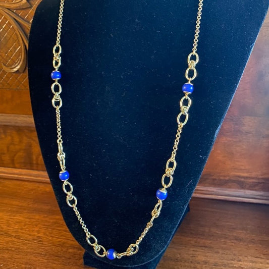 Banana Republic Gold Tone Cable Chain with Blue Accent Beads - Nautical Necklace