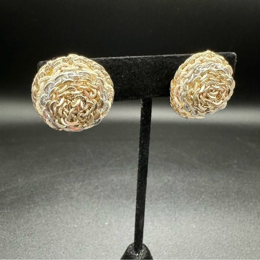Vintage Three Tone Metal Chain Dome Earrings - Clip On