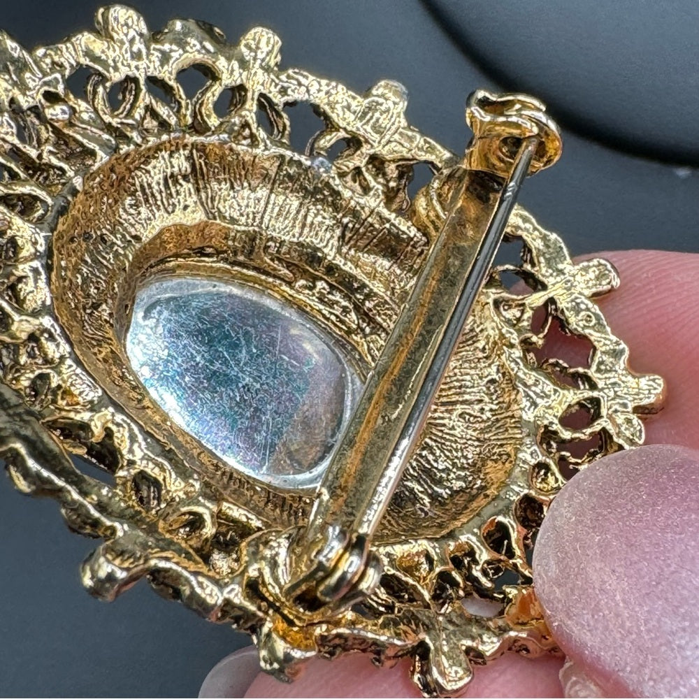 Victorian Revival Ornate Brooch with Royal Blue Cabochon Centre