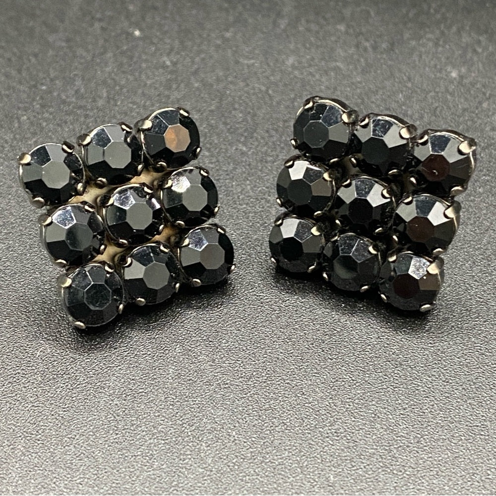 Vintage Black Faceted Jet Black Bead Clip On Earrings