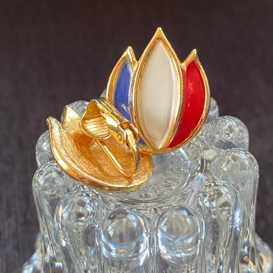 Vintage Tri-Color Red, White, Blue Lotus Flame Clip On Earrings