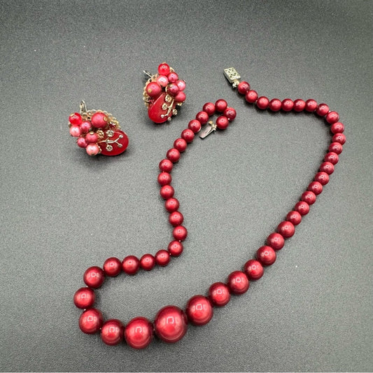 Red Moonstone Vintage Earrings and Necklace Set