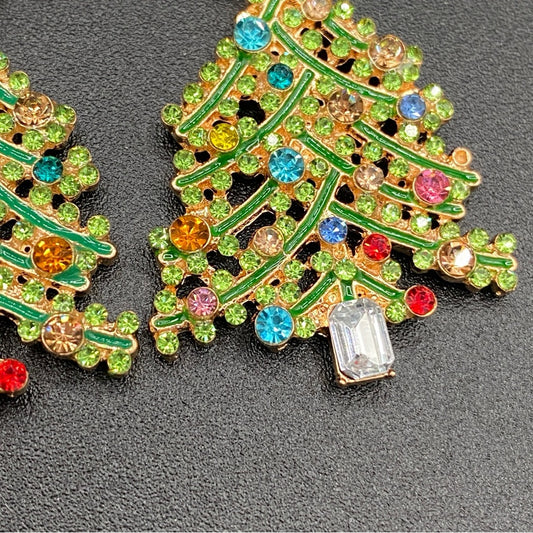 Sparkly Green Rhinestone Studded Christmas Tree Earrings