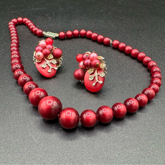 Red Moonstone Vintage Earrings and Necklace Set