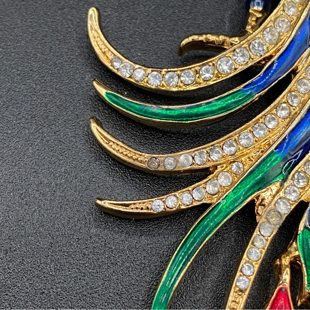 Colorful Bird Brooch In Blue, Red, Green Enamel and Sparkly Rhinestones in Gold