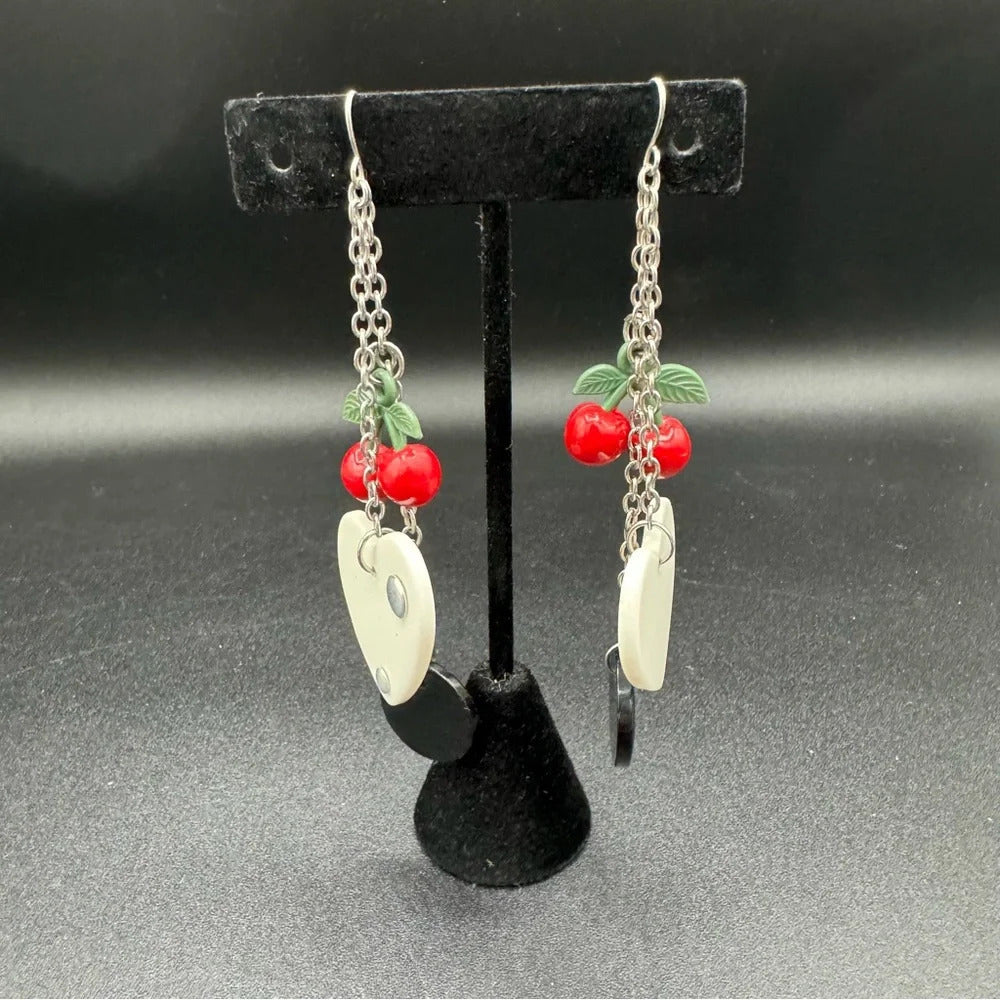 Red Cherry Heart Dangly Earrings 90s Style