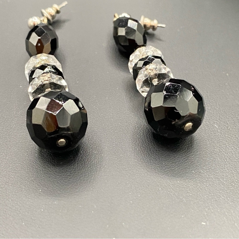 Jet Black Faceted Glass Beaded Dangly Earrings