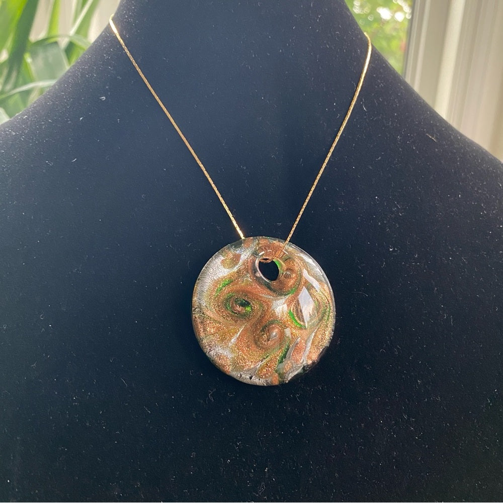 Exquisite Murano Glass Pendant and Earring Set in Green and Gold Swirl