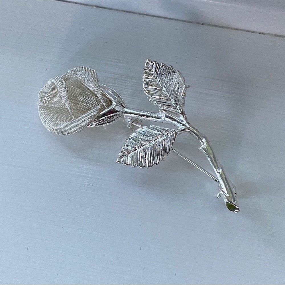 Anne Klein Signed Mesh Rose Silver Tone Brooch