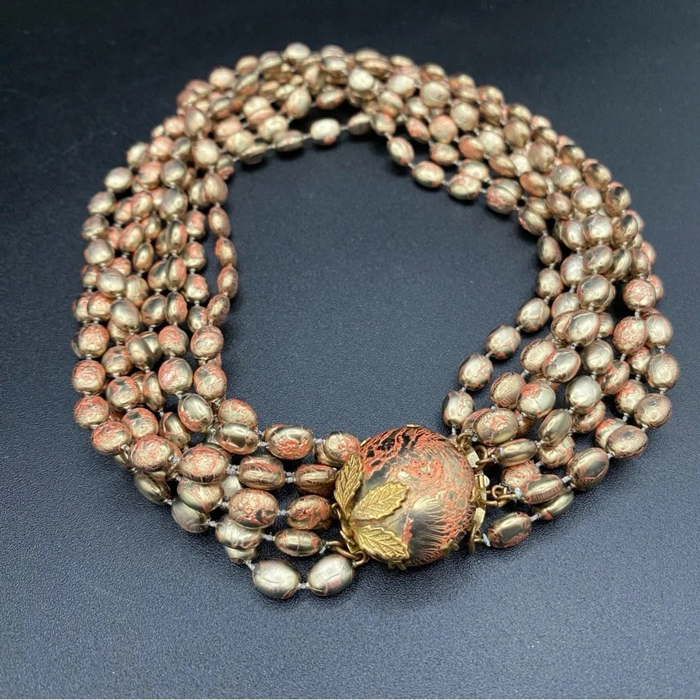 Vintage 1960s Choker Necklace with Plastic Gold and Coral Beads with Leaf Motif