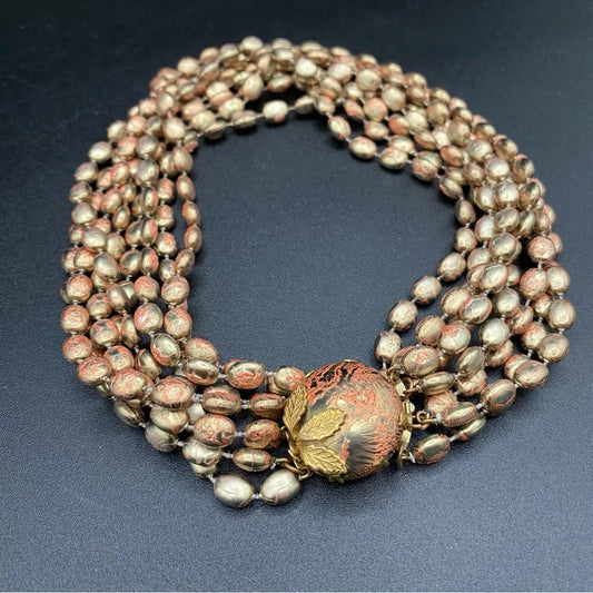 Vintage 1960s Choker Necklace with Plastic Gold and Coral Beads with Leaf Motif
