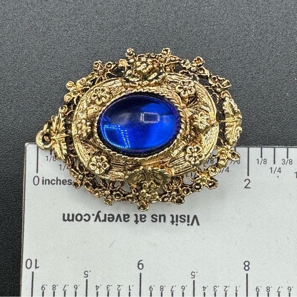 Victorian Revival Ornate Brooch with Royal Blue Cabochon Centre