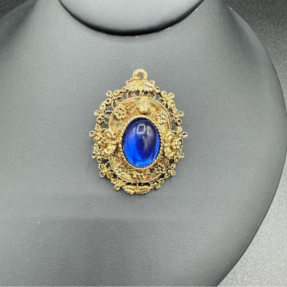 Victorian Revival Ornate Brooch with Royal Blue Cabochon Centre