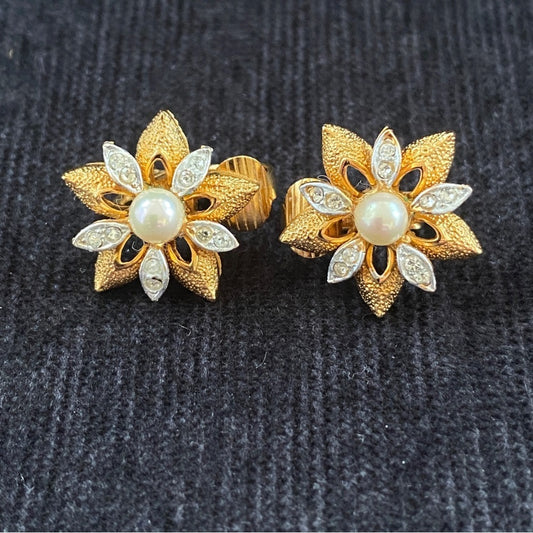 Vintage Flower Earrings in Brushed Gold Tone, Sparkly CZ and Faux Pearl Clip On