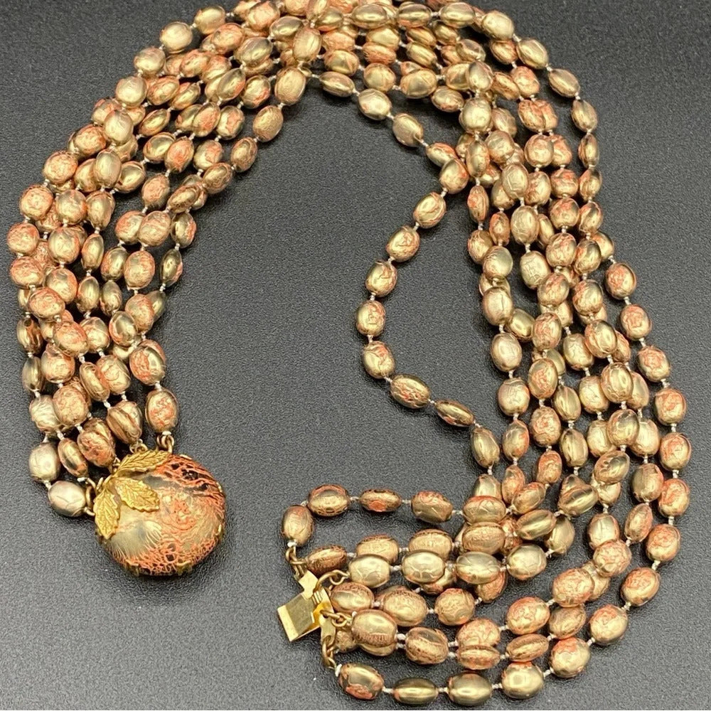 Vintage 1960s Choker Necklace with Plastic Gold and Coral Beads with Leaf Motif