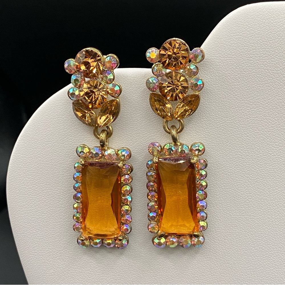 Glamorous Topaz and Aurora Borealis Glass and Rhinestone Drop Earrings Pierced