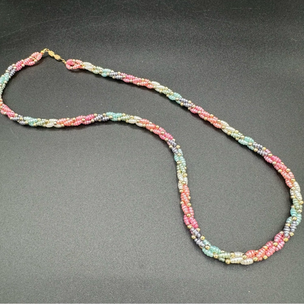 Vintage 1980s Faux Pearl Twisted Pastel Blue, Pink Necklace