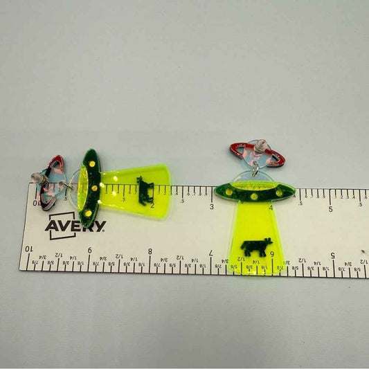 Alien Cow Spaceship Earrings - Neon Green and Black - Pierced