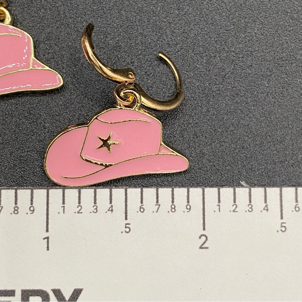Pink Cowgirl Rodeo Hat Huggie Earrings - Pierced