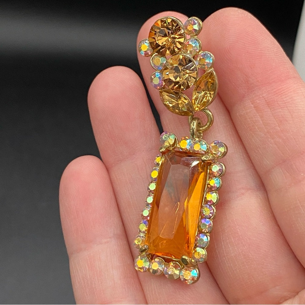 Glamorous Topaz and Aurora Borealis Glass and Rhinestone Drop Earrings Pierced