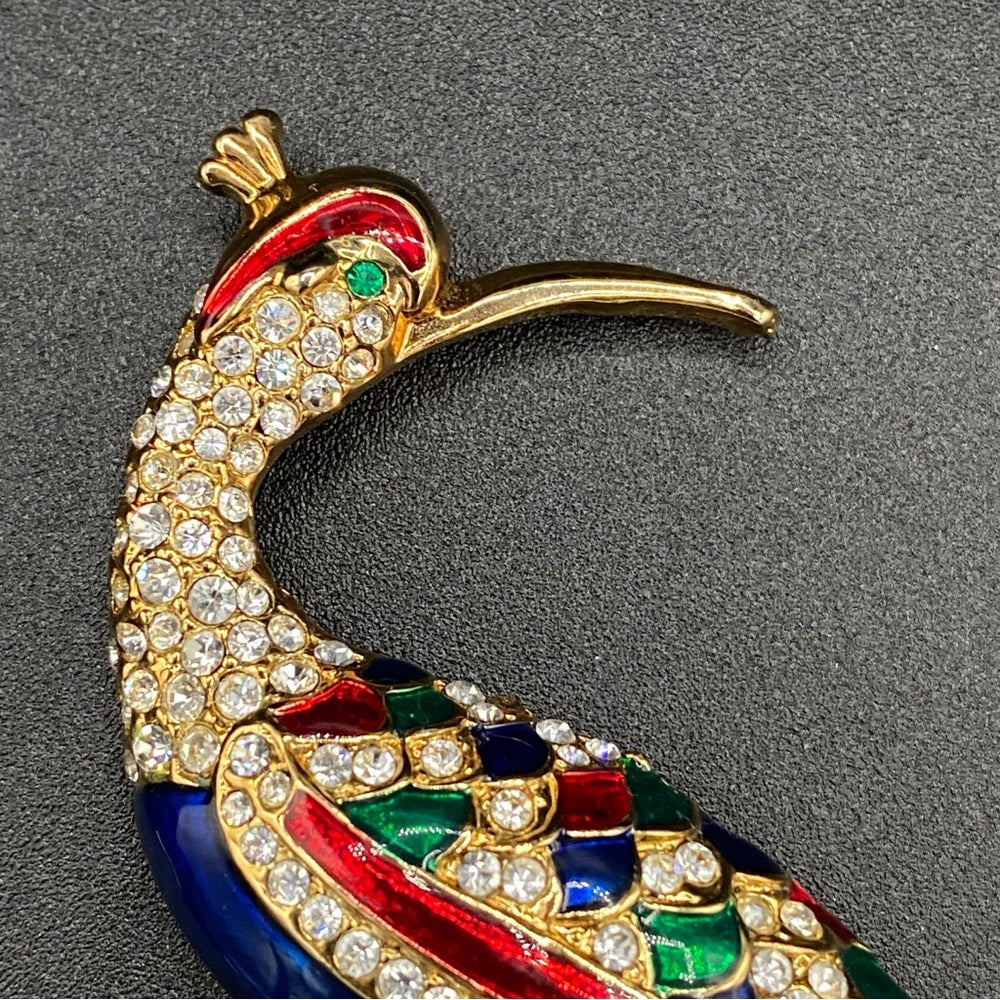 Colorful Bird Brooch In Blue, Red, Green Enamel and Sparkly Rhinestones in Gold