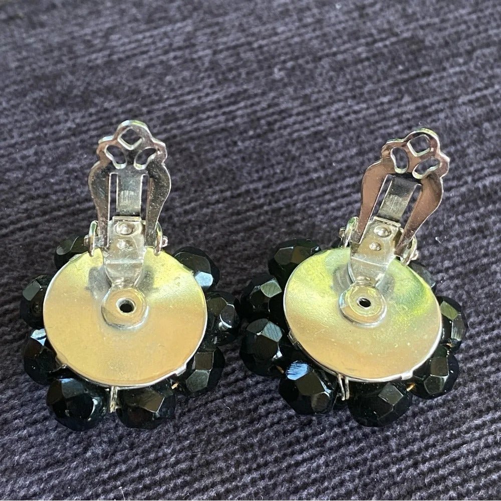 Earrings1950s Signed Laguna Jet Black Crystal Cluster Clip-On Earrings