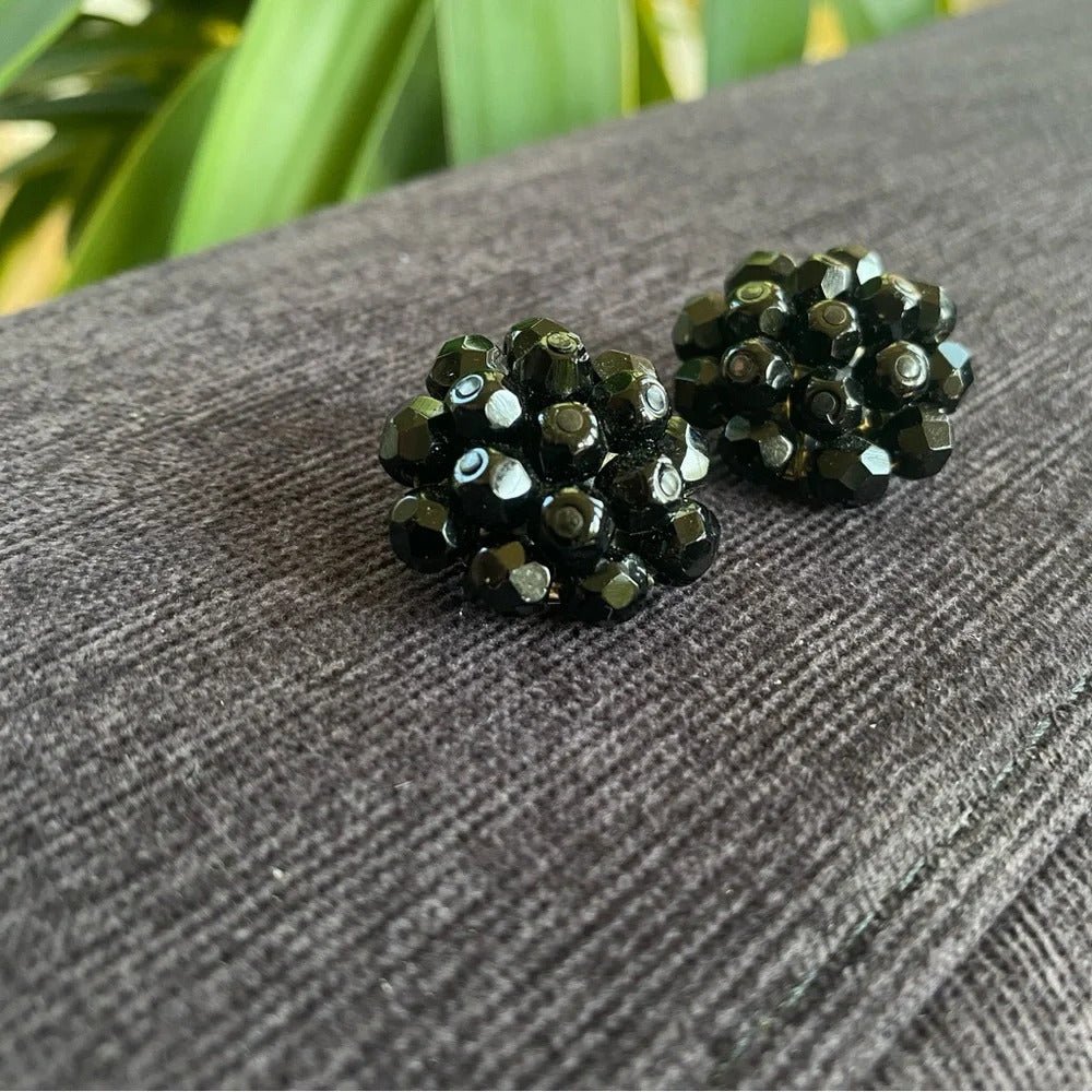 Earrings1950s Signed Laguna Jet Black Crystal Cluster Clip-On Earrings