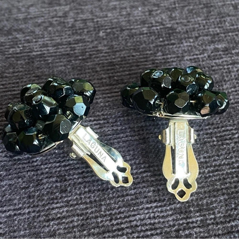 Earrings1950s Signed Laguna Jet Black Crystal Cluster Clip-On Earrings
