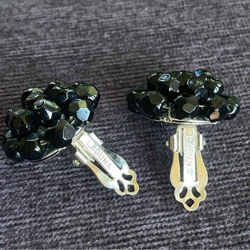 Earrings1950s Signed Laguna Jet Black Crystal Cluster Clip-On Earrings