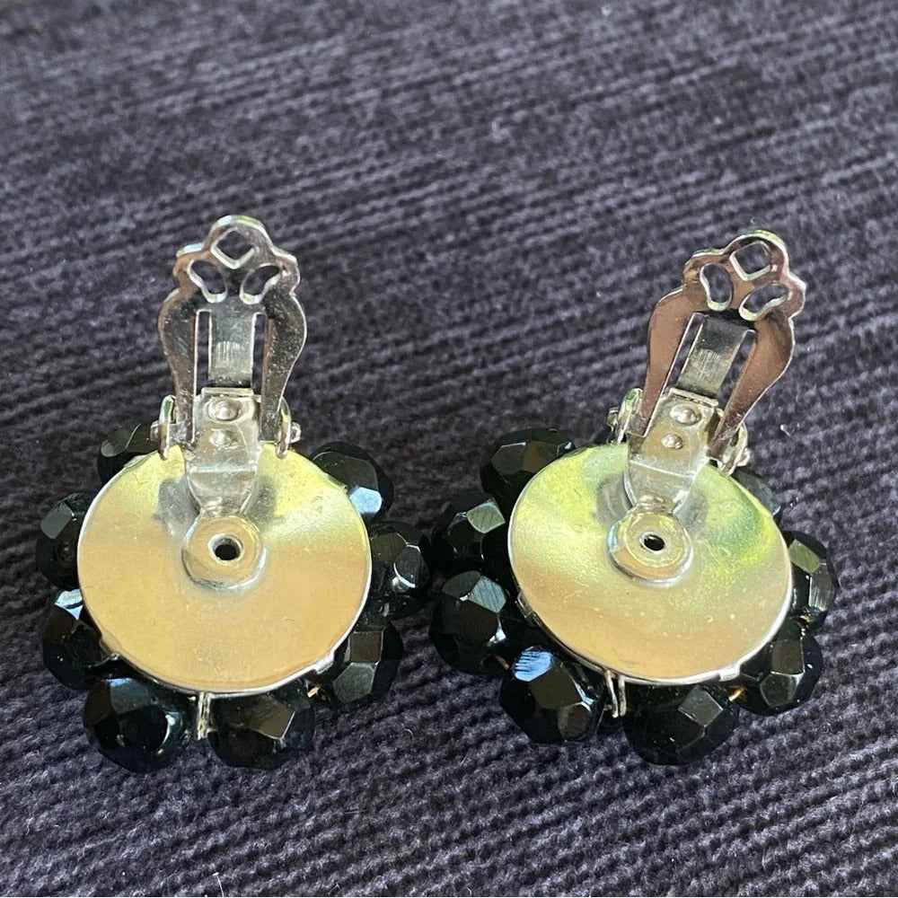 Earrings1950s Signed Laguna Jet Black Crystal Cluster Clip-On Earrings