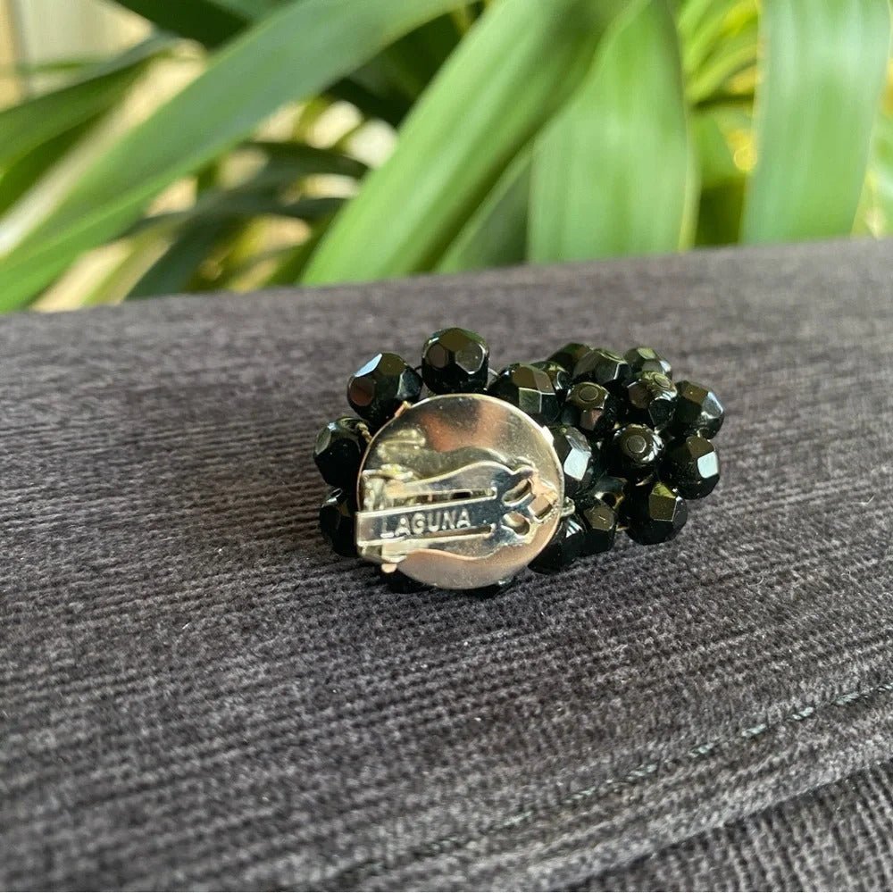 Earrings1950s Signed Laguna Jet Black Crystal Cluster Clip-On Earrings