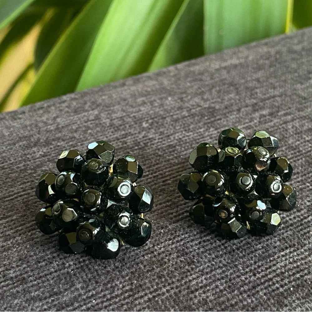 Earrings1950s Signed Laguna Jet Black Crystal Cluster Clip-On Earrings