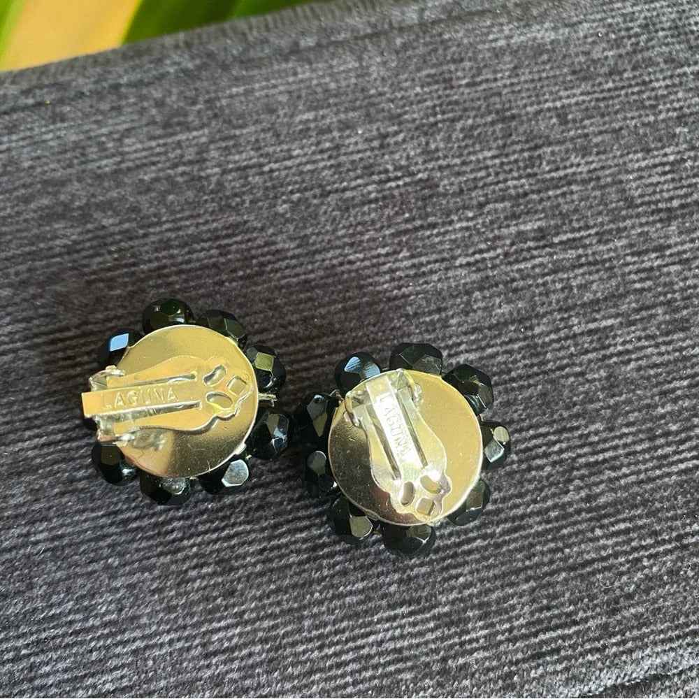 Earrings1950s Signed Laguna Jet Black Crystal Cluster Clip-On Earrings