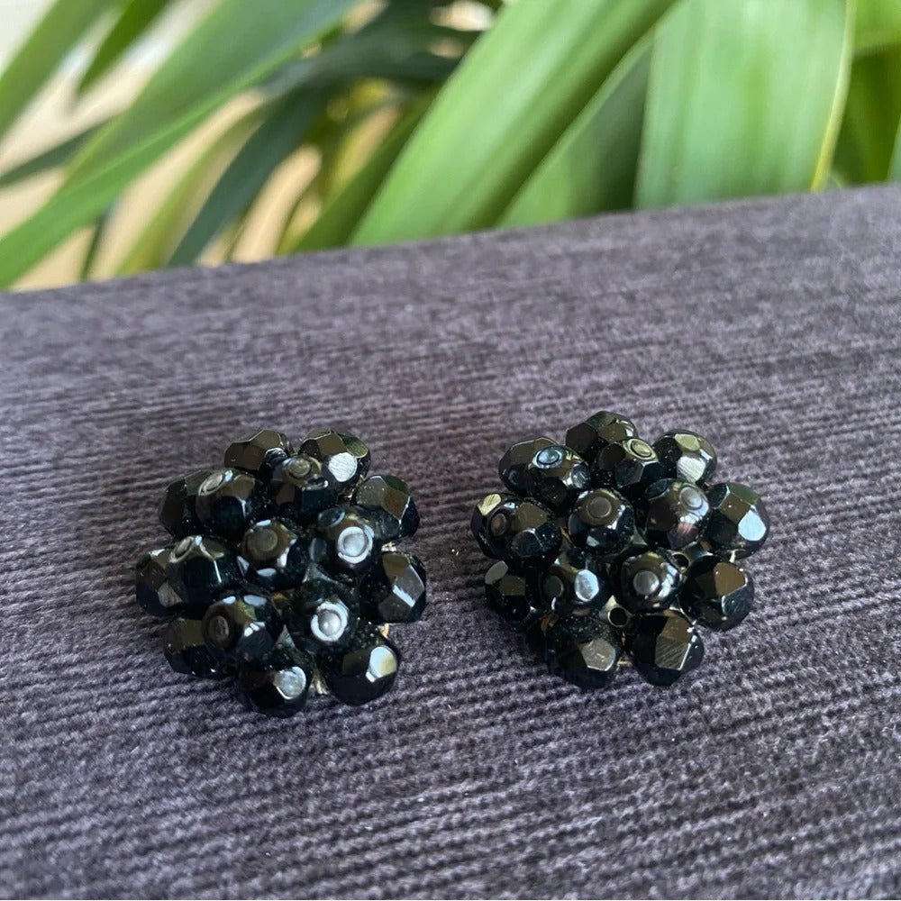 Earrings1950s Signed Laguna Jet Black Crystal Cluster Clip-On Earrings