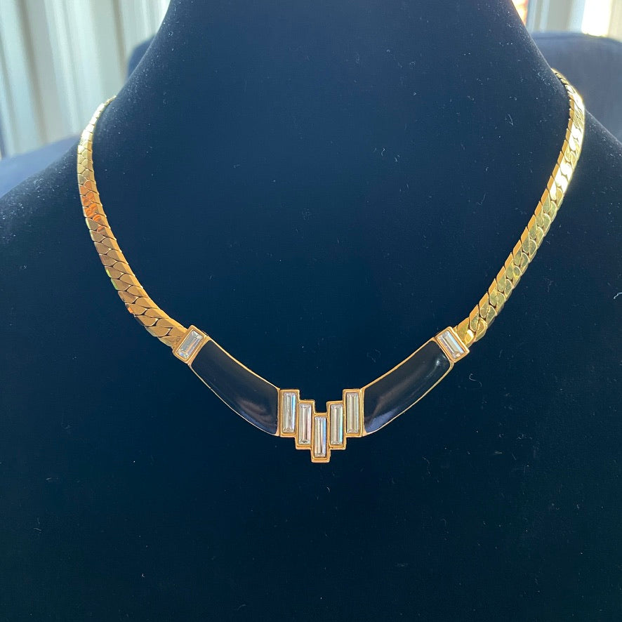 Art Deco Monet Necklace 22K Triple Gold Plated with Black Enamel and Baguette Rhinestones