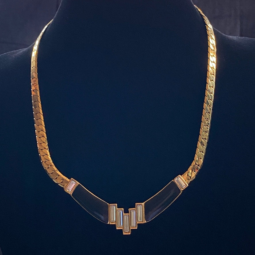 Art Deco Monet Necklace 22K Triple Gold Plated with Black Enamel and Baguette Rhinestones