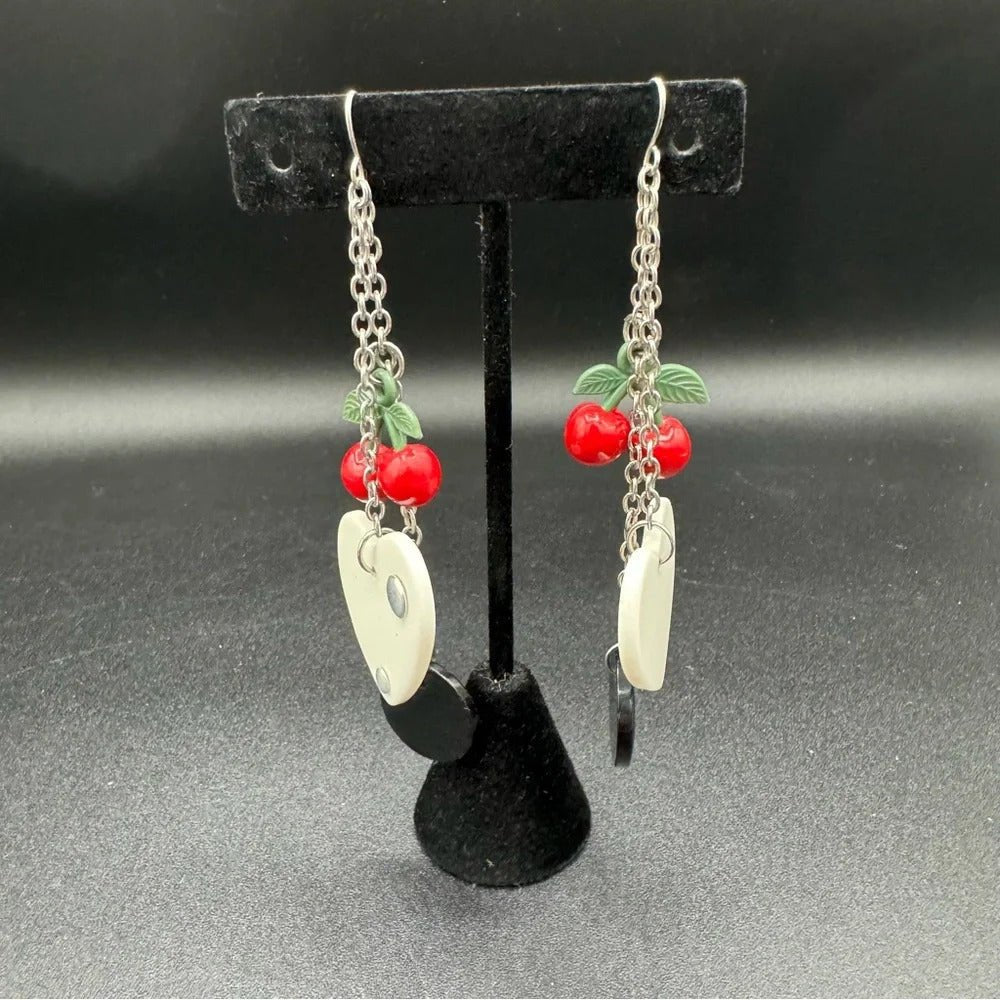 Earrings90s Kitsch Red Cherry & Heart Dangle Earrings — Harajuku Style