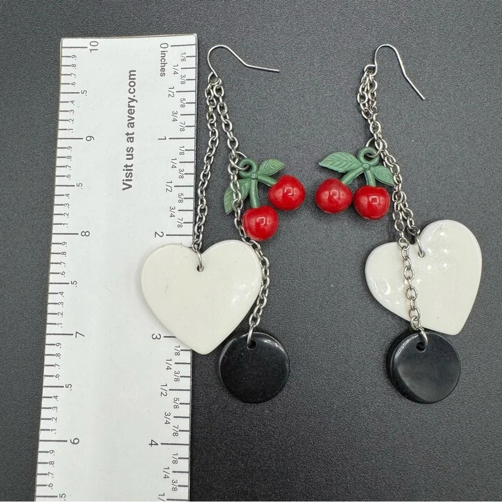Earrings90s Kitsch Red Cherry & Heart Dangle Earrings — Harajuku Style