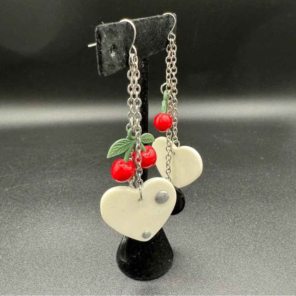 Earrings90s Kitsch Red Cherry & Heart Dangle Earrings — Harajuku Style